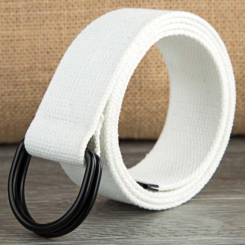 Canvas-Gürtel mit Doppelringschnalle für Damen und Herren, Schwarz, D-förmiger Schnalle, Stoffgürtel, halbkreisförmiger Ring, verlängerter Canvas-Gürtel, EMA 160cm weiß