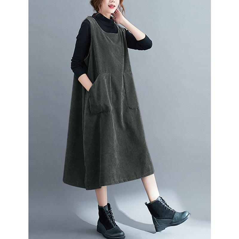 DIMANAF 2024 Damen Übergröße Herbst Ärmelloses Kleid Dame Cord Langes Kleid Lässig Großes Lockeres Kleid XL dunkelgraue