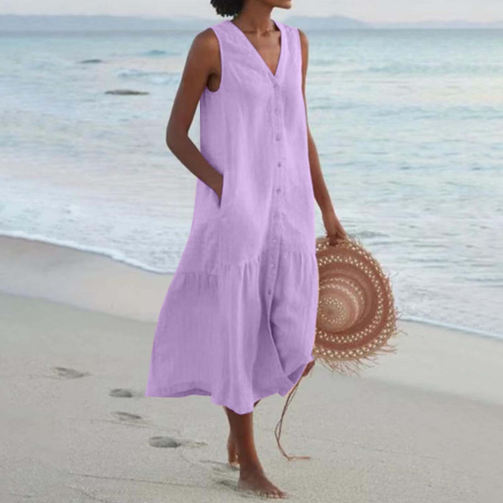 Sommer Baumwolle Leinen Locker Lässig Patchwork Taschen Kleid V-Ausschnitt Strandstil Kleid Ärmellos Vintage Einfarbig Damen Kleid XXL violett