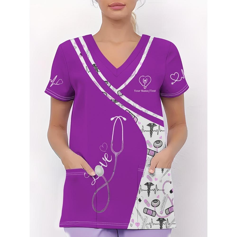 Klinische Uniform Damen Stethoskop-Print V-Ausschnitt Kurzarm Krankenschwester Uniform Oberteile Mode mit Tasche Zahnarzt Krankenschwester Uniform Damen XXL purple