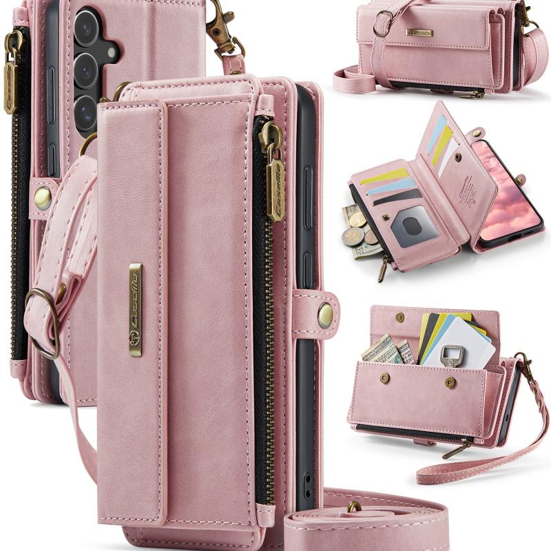 Langes Lanyard Klapp-Leder-Handyhülle für Samsung Galaxy S26 Ultra S25 FE S24 Plus S23 S22 S21 A57 A17 A16 A56 A15 A55 A14 A54 Reißverschluss-Geldbörse Kartenfach (Samsung S21 FE) rosa