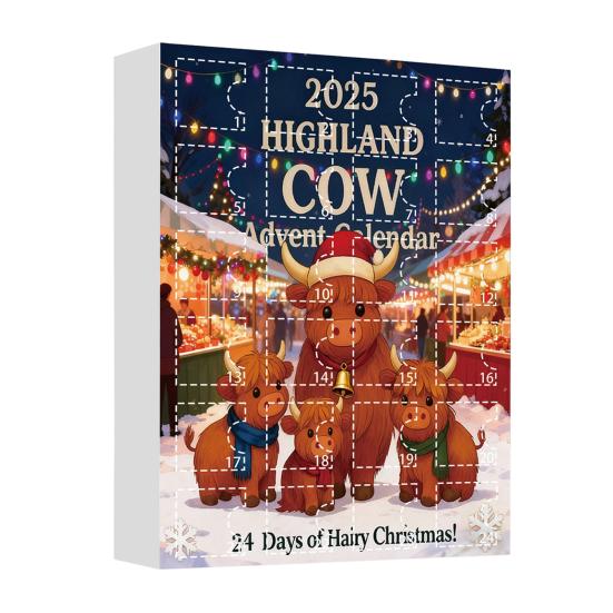 Highland Kuh Adventskalender 2025 24-Tage Weihnachts-Countdown-Box mit Ornamenten Multifunktionale Baumdekoration und Ferienspaß für Kinder A