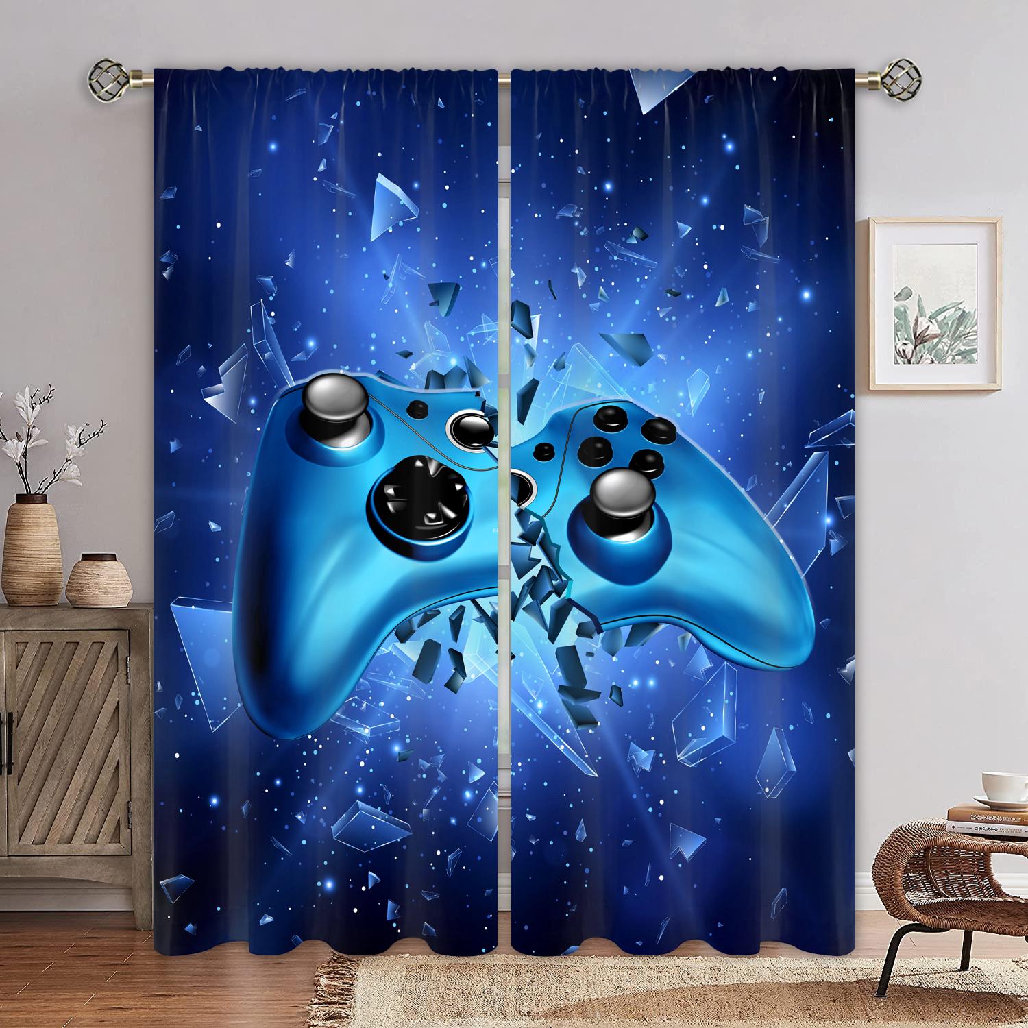 Coole Gaming-Controller-Vorhänge Blitzmuster Vorhänge Blaues Gamer-Thema Wohnzimmer Schlafzimmer Dekor Vorhänge 2er-Set 50W130H(CM)X2PCS&Rod Pocket blue