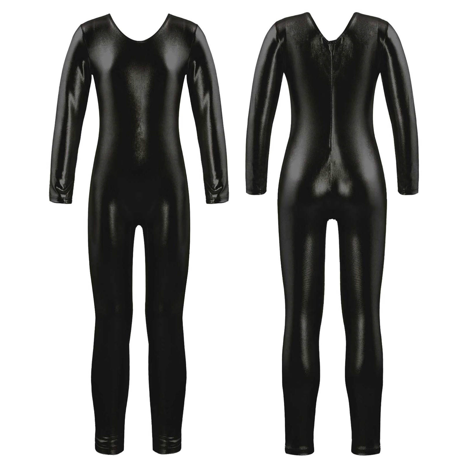 Kinder Mädchen Langarm Ballett Tanz Trikot Gymnastik Ganzanzug Shiny Metallic Ballerina Trikot Body schwarz