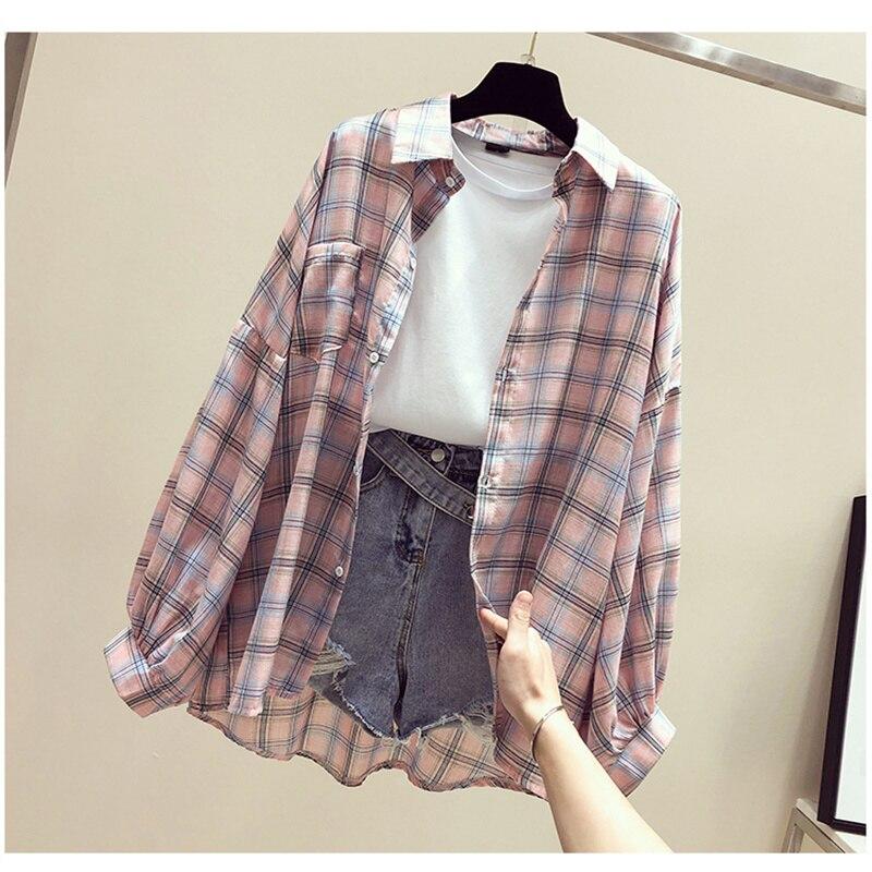 Frühling Sommer Mode Weibliche Vintage Lange Hülse Lose Plaid Bluse Tops Frauen Chiffon Casual Shirts Sonnenschutz Shirts XL