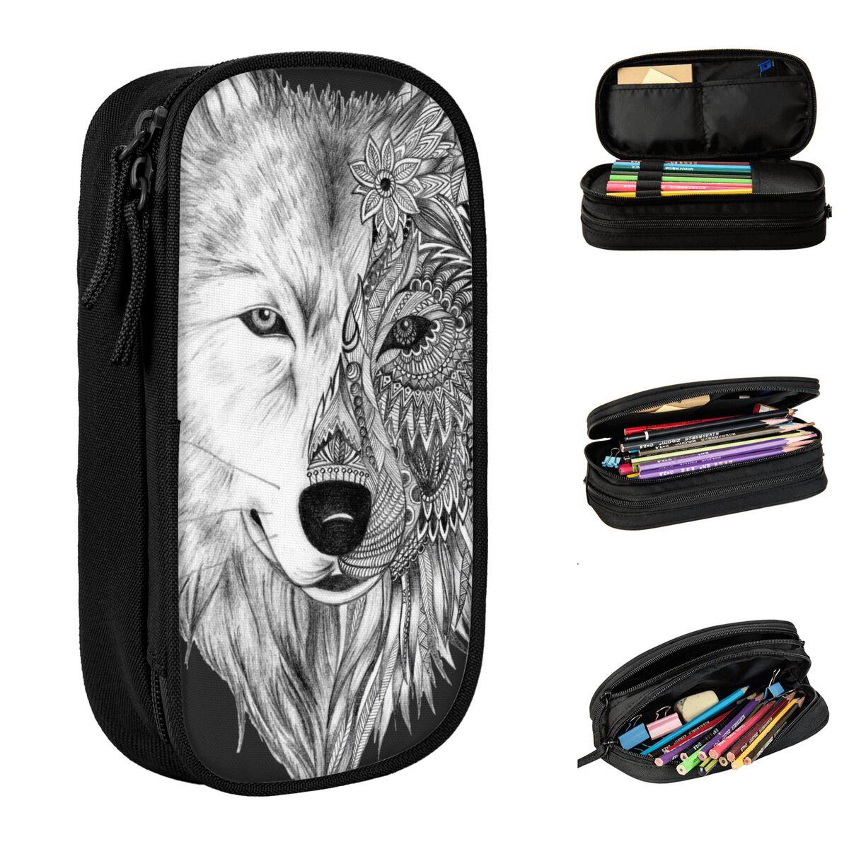 Grauwolf Federmäppchen Klassisches Tier Wölfe Wildtiere Stiftehalter Tasche Schüler Großer Stauraum Schulbedarf Geschenk Federmäppchen 21x10.5x5cm gray