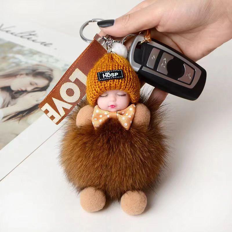 Schlafender Baby-Schlüsselanhänger, süße, flauschige Plüschpuppe, Schlüsselanhänger, Frauen, Mädchen, Taschen, Anhänger, Autos, Schlüsselanhänger, Rucksack, Dekoration, Geschenk braun