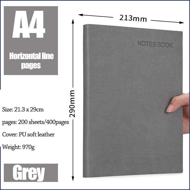 A4/A5 Notizbuch aus weichem Leder, verdicktes Notizbuch, Arbeitstreffen, Klassenzimmer, Aufzeichnung, Notizbuch, Tagebuch, Buch, horizontale Linie, Innenseite A4 400pages grau