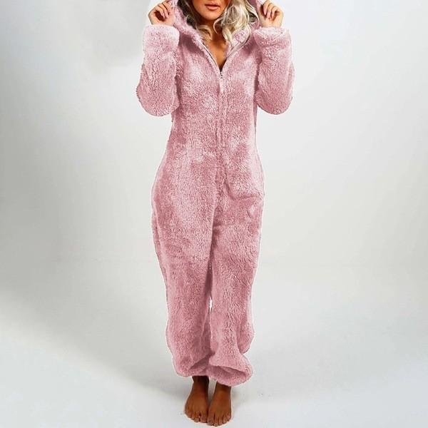 Modischer Onesies-Schlafanzug aus Fleece, Nachtwäsche, Overall, Übergröße, Kapuzen-Set, Schlafanzug für Damen und Erwachsene, für den Winter, warmer Pyjama für Damen XL rosa