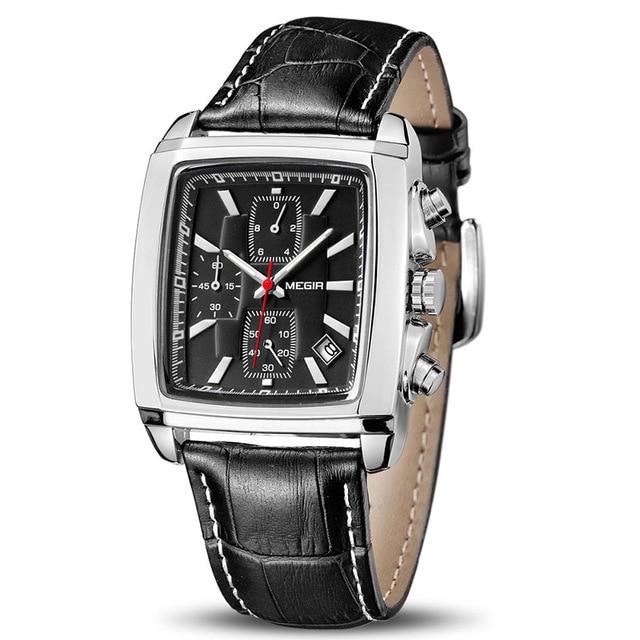 MEGIR Original Uhr Männer Top Marke Luxus Rechteck Quarz Militär Uhren Wasserdicht Leucht Leder Armbanduhr Männer Uhr 2028 schwarz
