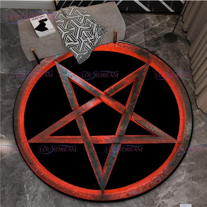 Satanische Ziege, Gothic, Punk, Pentagramm, runder Teppich, rutschfeste Fußmatte, Boden, Horror, Teufel, Teppich, Wohnzimmermatten, Hexe, runder Teppich 120cm