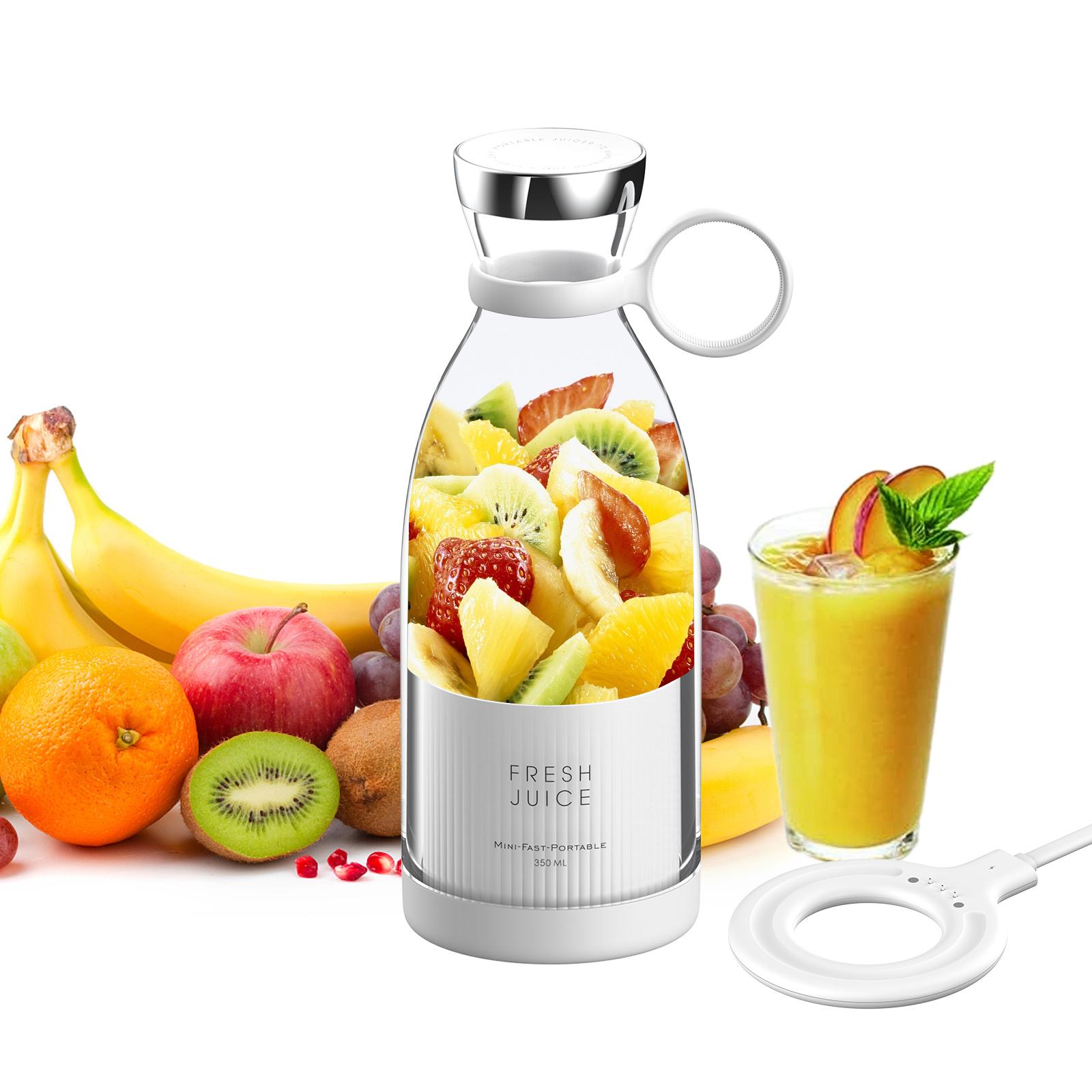 Tragbarer Mini-Schnellmixer, 350 ml, Entsafterbecher mit kabelloser Aufladung, 4 Klingen für Smoothie, Milchshake, Saft, Babynahrung weiß