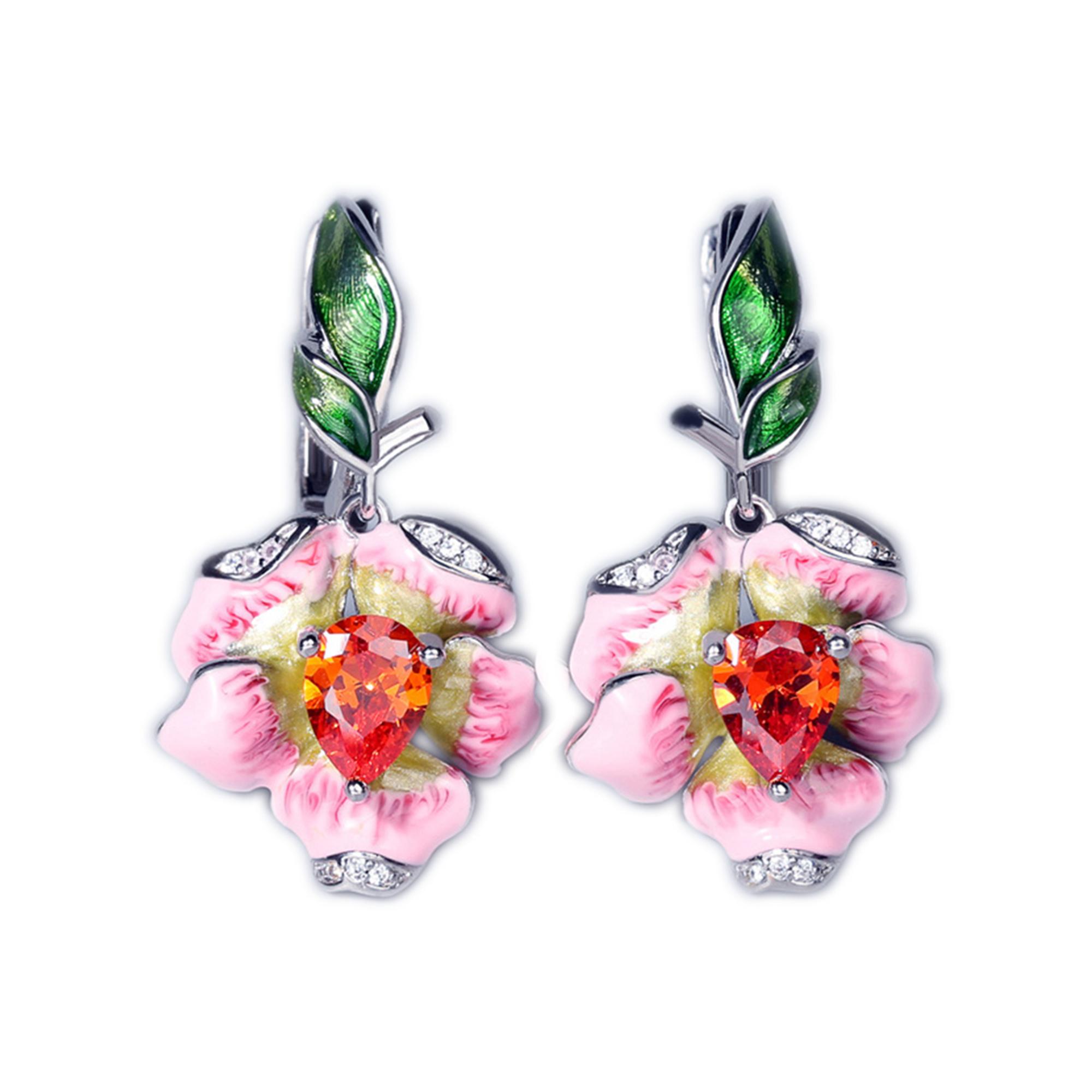 Elegante Ohrringe für Frauen, echte rosa blühende Blumen-Tropfenohrringe, edler Schmuck, handgefertigter Emaille-Schmuck, Party-Ohrringe rosa