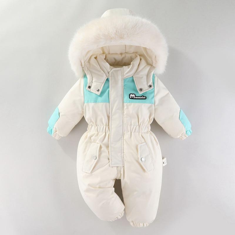 -30 Grad Winter Baby Skianzug Jumpsuit Oberbekleidung Anzüge für Kleinkinder Baby Skianzug Dicker Baby Jumpsuit Wasserdicht Mit Kapuze für Mädchen Jungen 90cm weiß