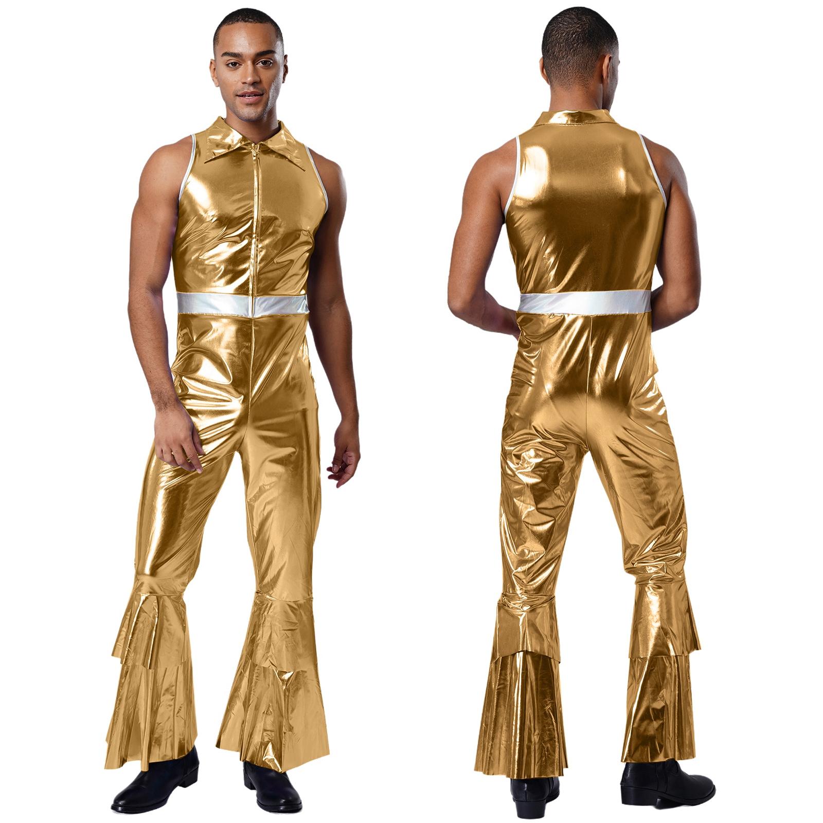 Herren 70er Jahre Disco Kostüm Reverskragen Ärmellos Hohe Taille Schlaghose Jumpsuit Tanz Sänger Kostüm M gold