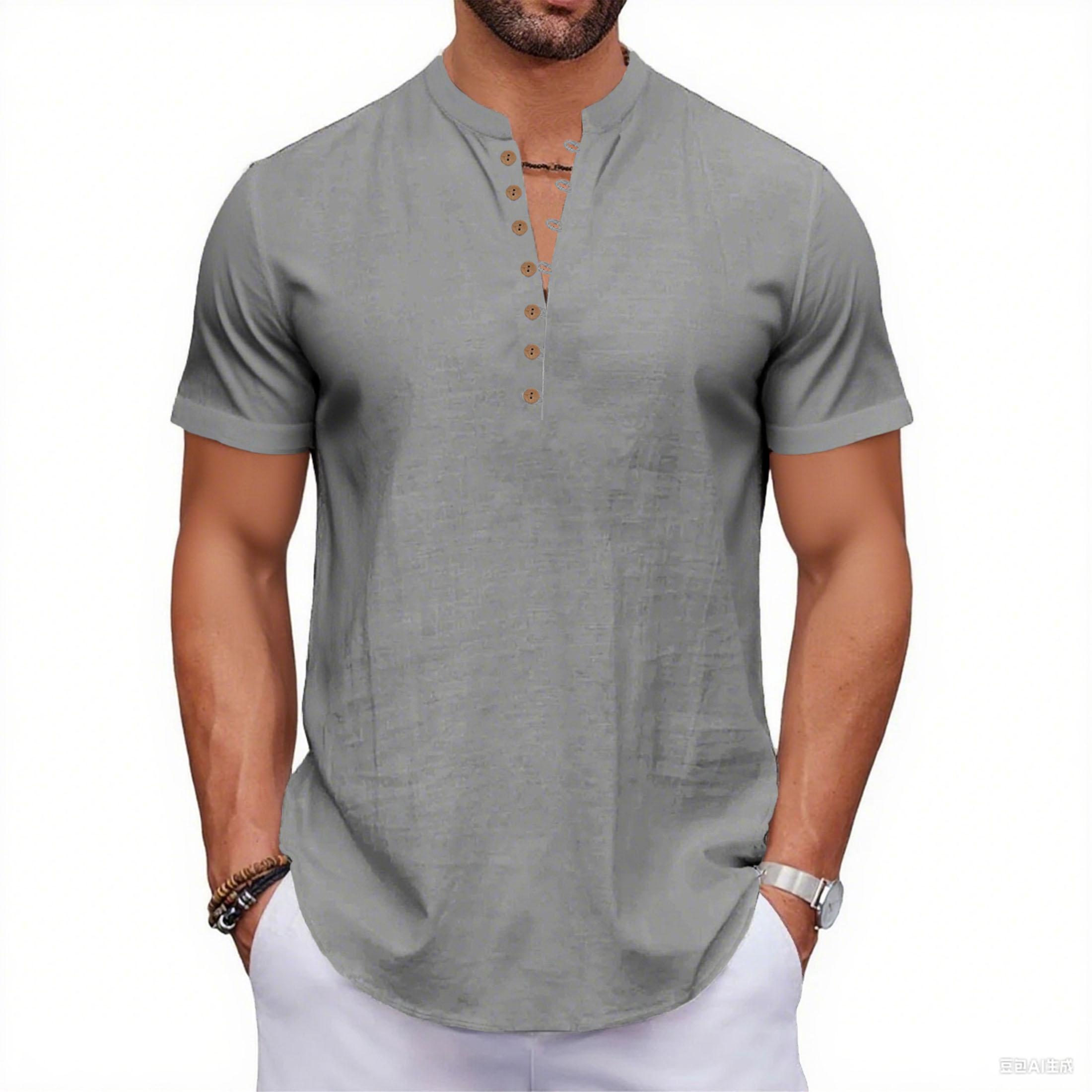 Sommer Neues Herren Baumwollleinen T-Shirt Kurzarm Atmungsaktiv Leicht Einfarbig Herrenmode Henley-Ausschnitt Knopfleiste M grau
