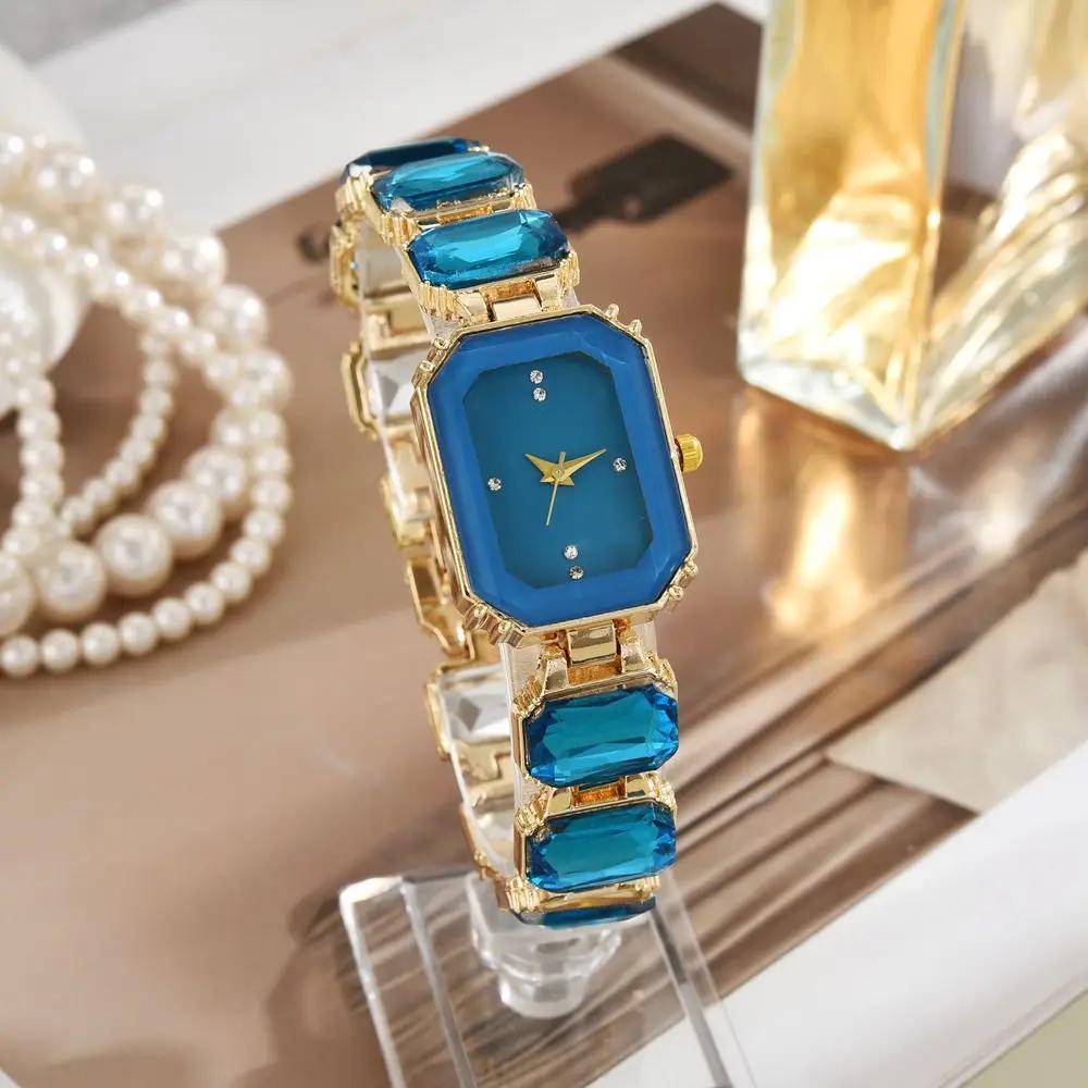 2025 Neue Damen Uhren Luxus Diamant Quadratisch Quarzwerk Edelstahl Uhr Original Gold Mode Kleid Damen Uhr blau