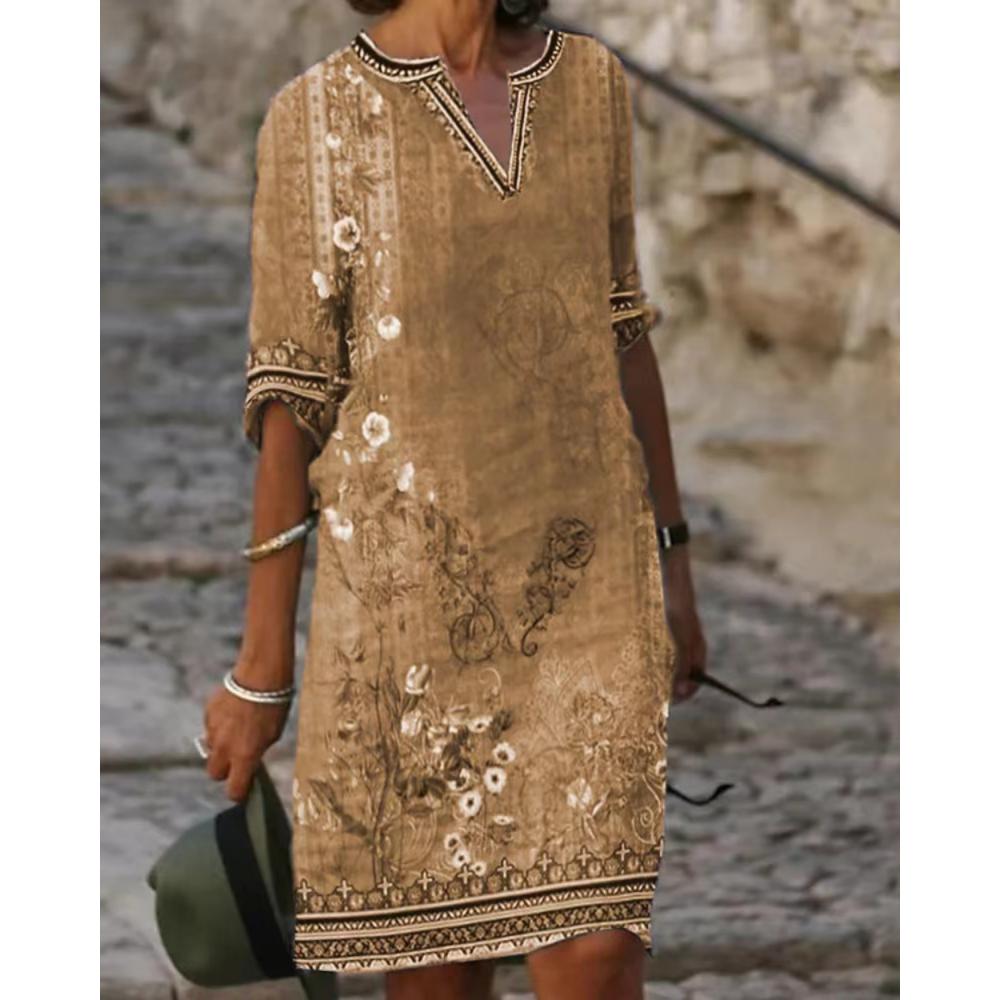 Damen Sexy V-Ausschnitt T-Shirt Kleid Sommer Damen Top Kurzarm Kleid Damen Slim Midi Kleid Strandrock Bedrucktes Kleid Lässig M khaki
