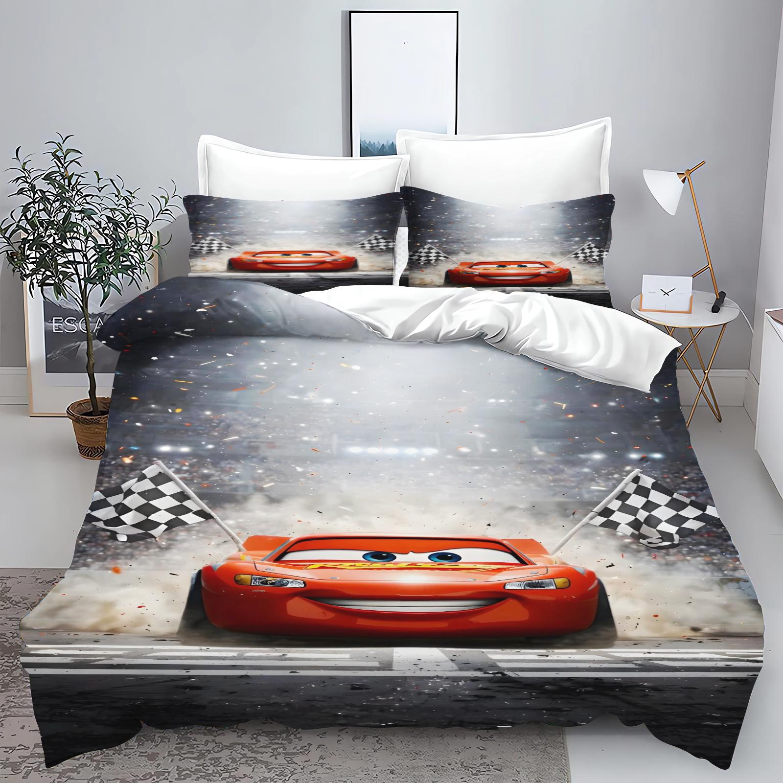 Lightning Mcqueen 3D Kinder-Paar-Bett Bettwäsche-Set Niedlicher bedruckter Cartoon-Bettbezug Polyester-Bettdecken-Set Einzel-King-Size 135x200cm