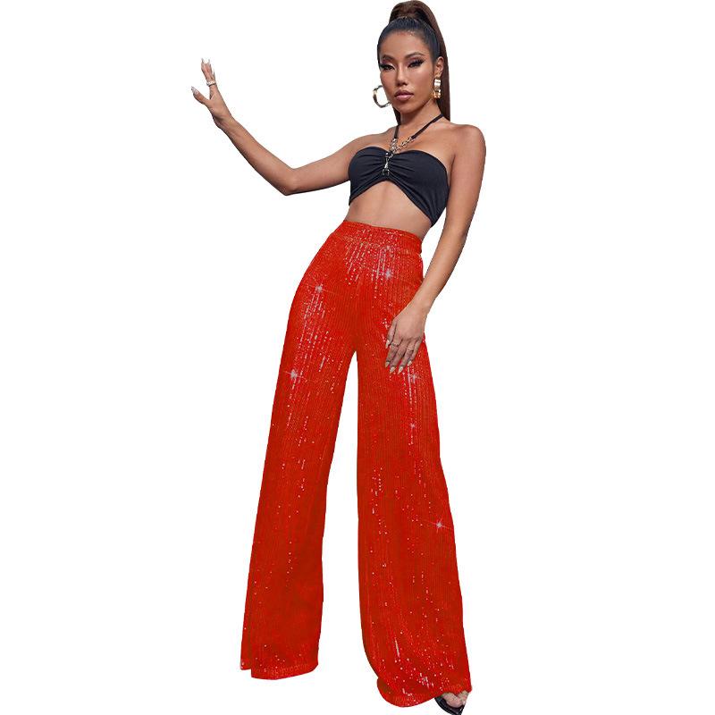 GMXIA Damen High-Waist Mode Casual Hose Pailletten Locker Baggy Weitbein Hose Sommer Damen XXL rot