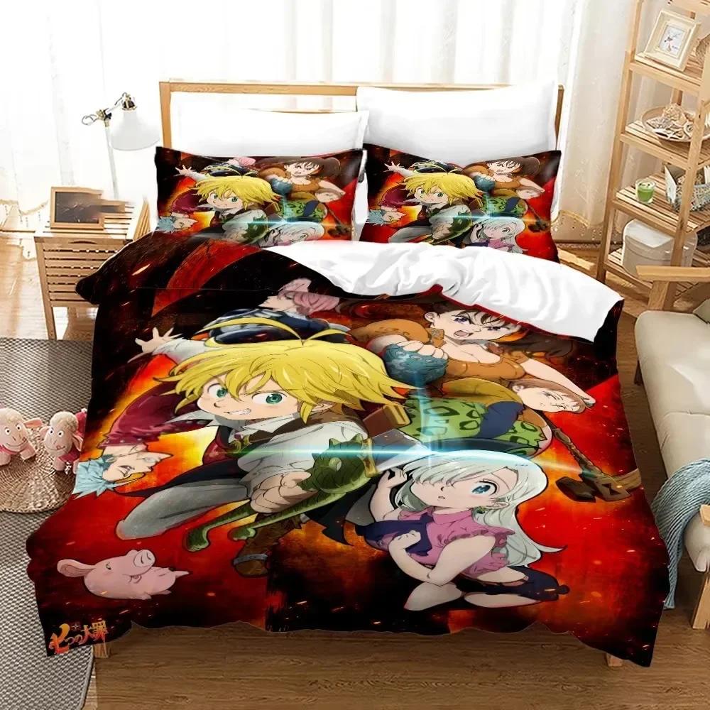 Seven Deadly Sins Anime Meliodas Bettwäsche-Set 3D-Druck Geeignet für Schlafzimmer Bettbezug-Set mit Kissenbezügen Kinder Heimtextilien US King 264x228cm