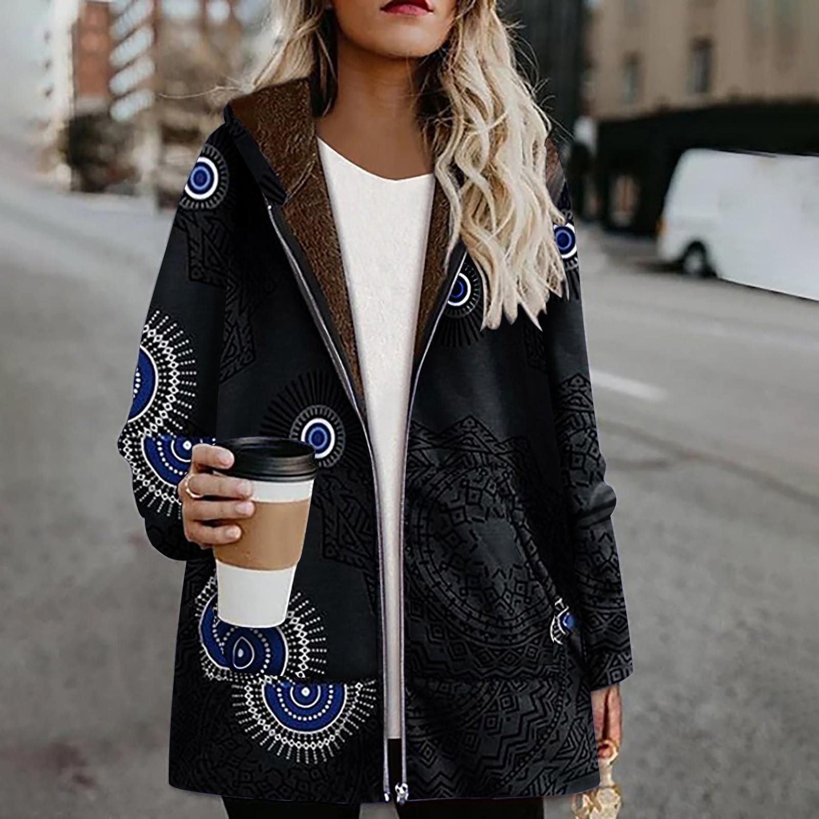 Damen Wintermantel, lässige Outwear, warm, Retro-Print, Taschen, Reißverschluss, Kapuze, dicker Mantel, Übergröße 5XL schwarz
