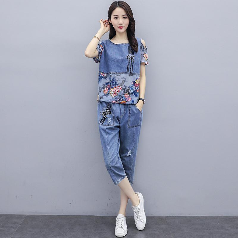 WTEMPO Denim-Anzug für Damen, Übergröße, 2-teiliger Anzug, Frühling und Sommer, kurze Ärmel, lockeres, lässiges zweiteiliges Set XXXXL blau