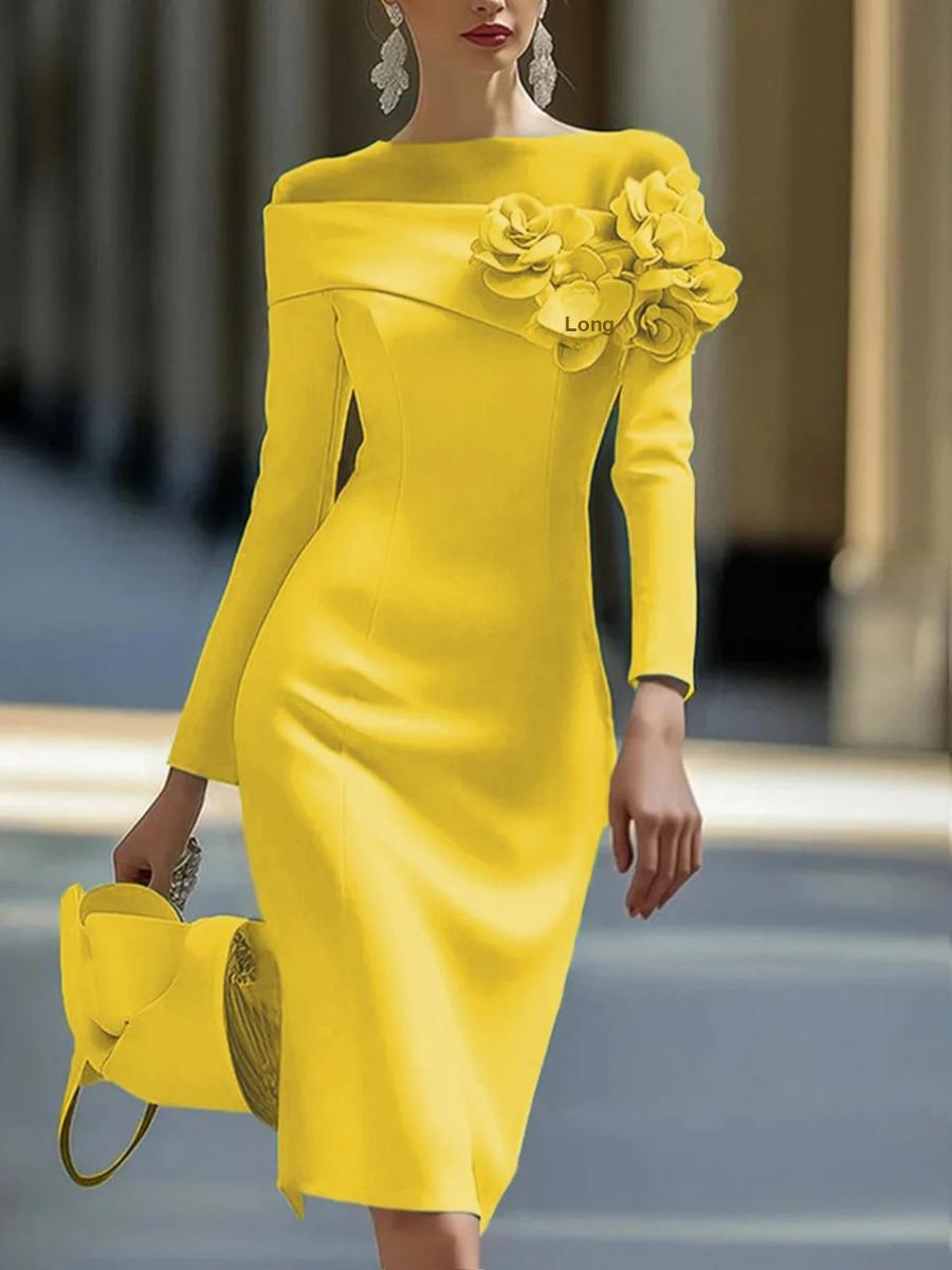 Kleid Sommer Neuankömmlinge Figurbetont Unifarben Blumendekoration R-Ausschnitt Abendkleid für Damen XL gelb