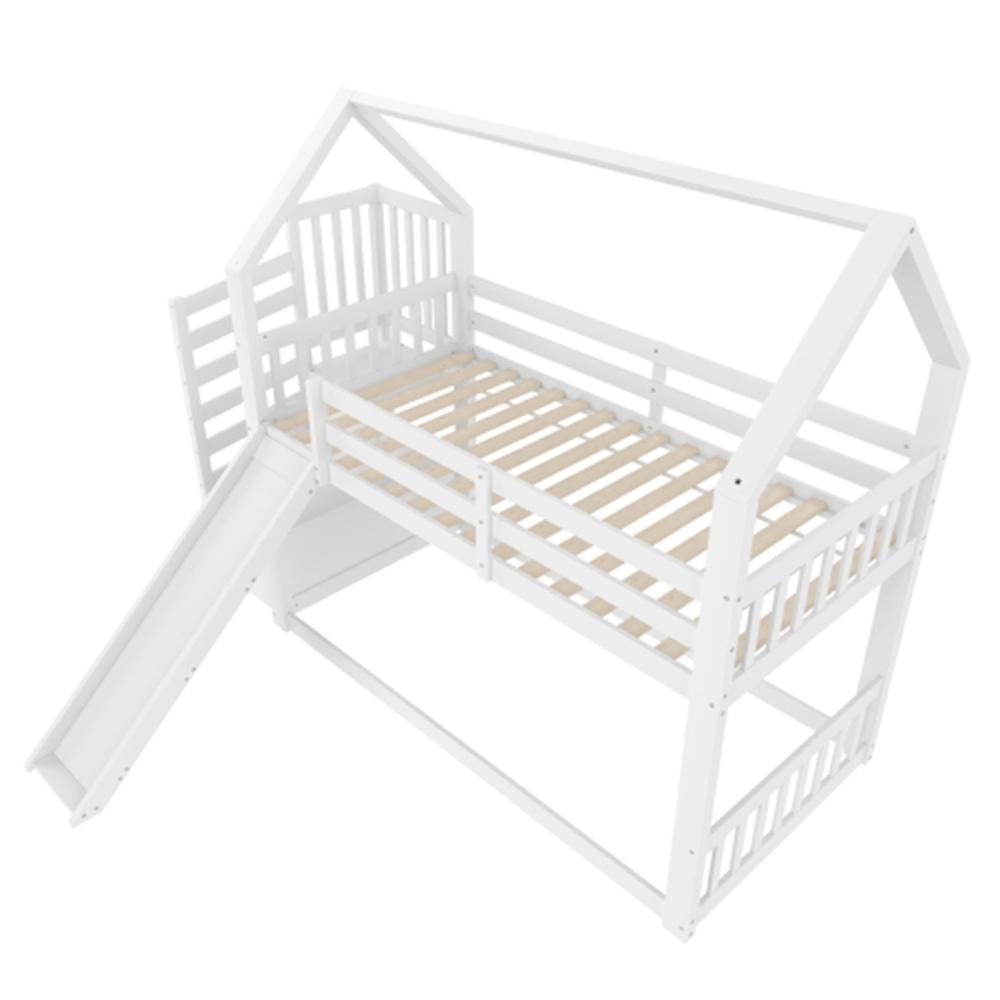 Etagenbett mit Stauraumtreppe und Rutsche, Hausbett (ohne Matratze), Kinderbett mit Rausfallschutz, geeignet für Kinder und Jugendliche, 90x200cm