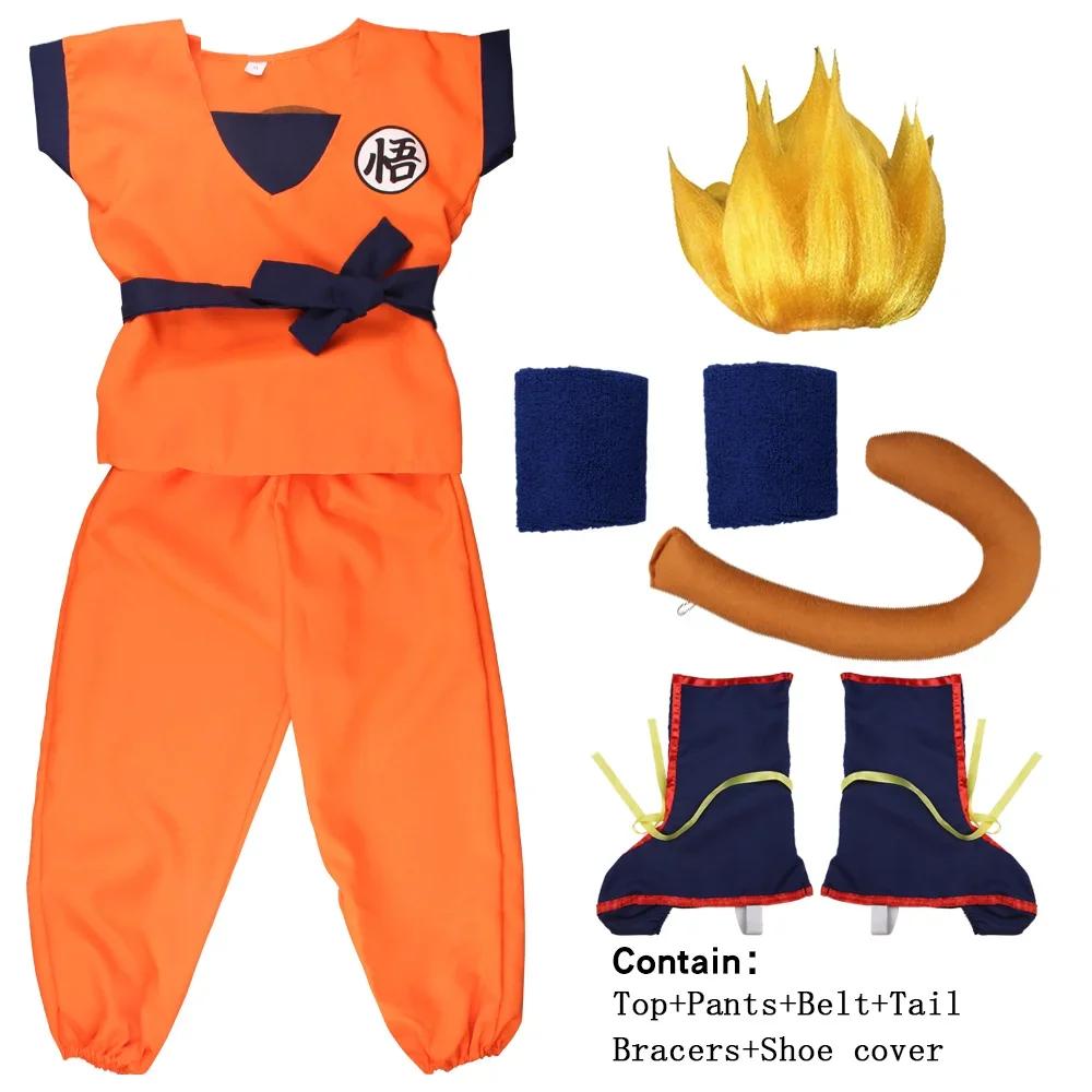 Kinder Anime Son Goku Cosplay Kostüme Krillin Trainingskleidung Superhelden Outfits mit Super Saiyajin Perücke Comic Con Party Kostüm 140cm gelb