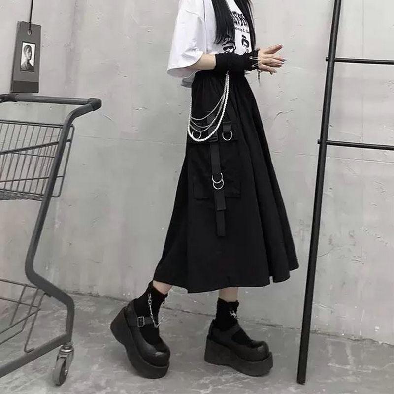 2024 sommer Schwarz Langen Rock Frauen Harajuku Streetwear A-linie Elegante Fracht frauen Rock S schwarz