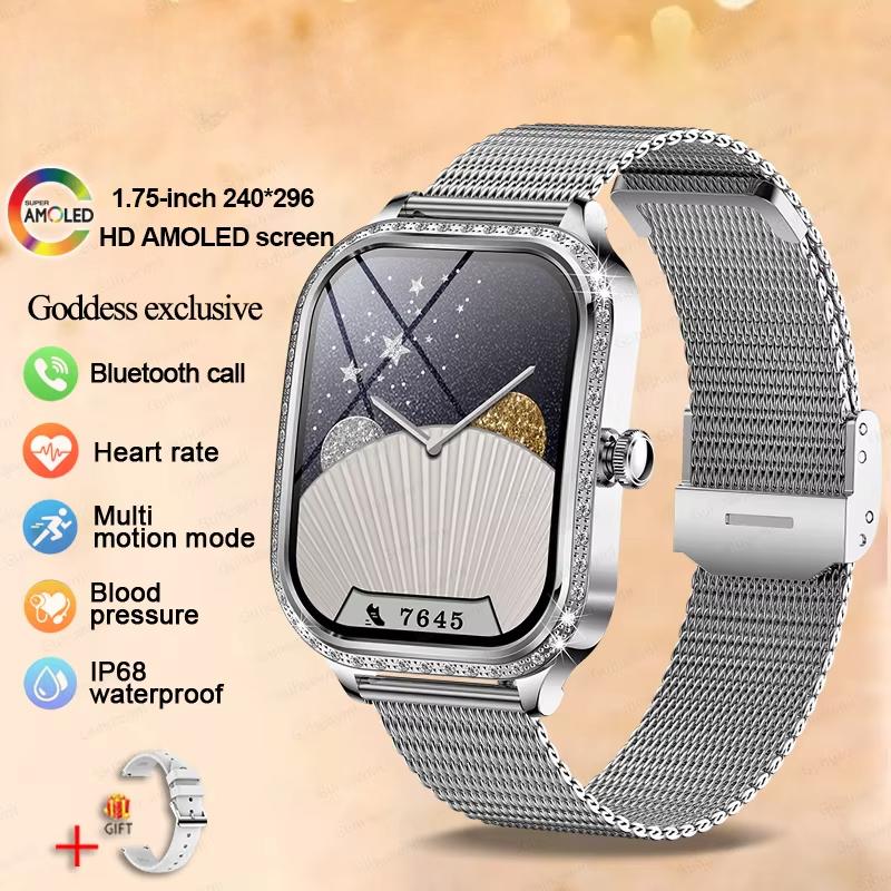 2025 Neue Mode Smart 1,75 HD Display Uhr Damen AMOLED Gebogener Bildschirm IP68 Wasserdicht Gesundheit Anruf Smartwatch Apple Watch Damen für Damen Geschenk Mesh Belt silber