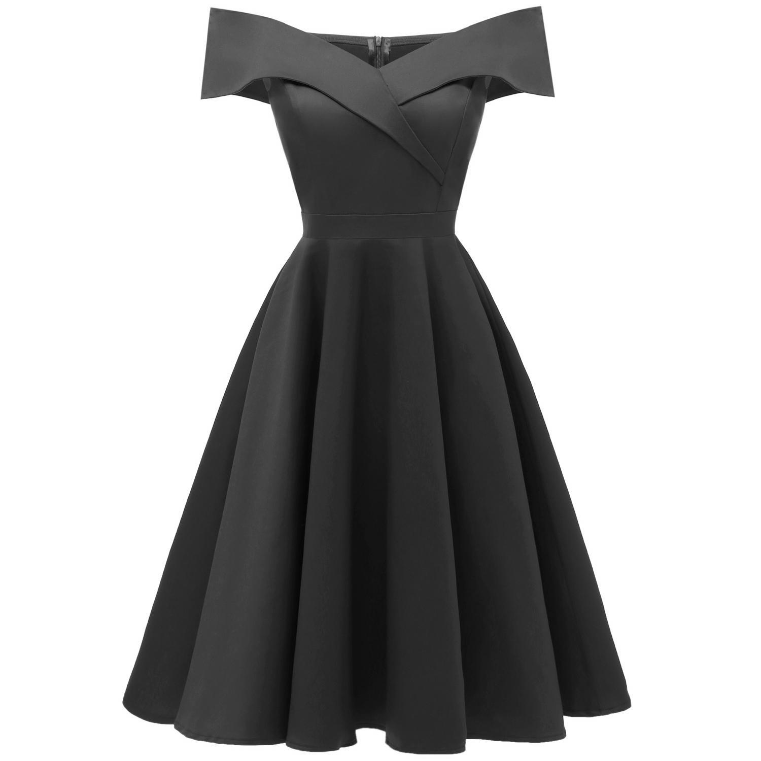 Schulterfreies Bardot-Midi-Ballkleid im Vintage-Stil für Damen, Satin-Skater-Midi-Kleid, klassisches kleines Schwarzes, Abendparty, Cocktail, Hochzeit, Gast, Anlass, Outfit XL schwarz