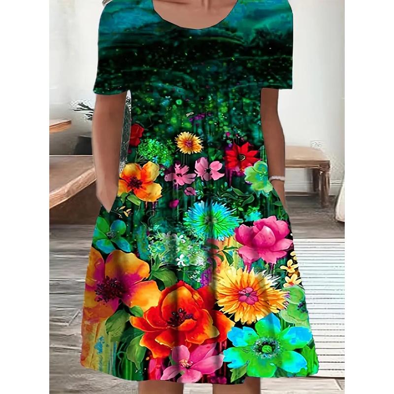 Damenmode Anmutige Retro Blumenmuster Sommer Frühling Kurzarm O-Ausschnitt Freizeitkleider 3XL grün
