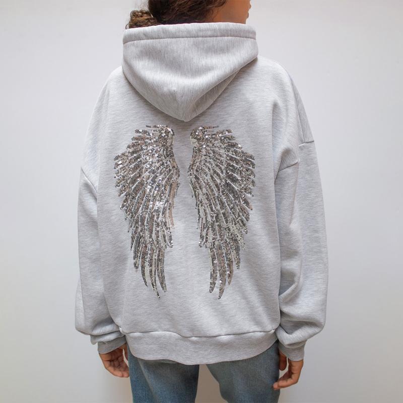 Y2K Retro Flügel Pailletten Hoodie Engelsflügel Ornament Sweatshirt Harajuku Süße Lady Casual Streetwear Relaxed Fit Pullover Mantel M