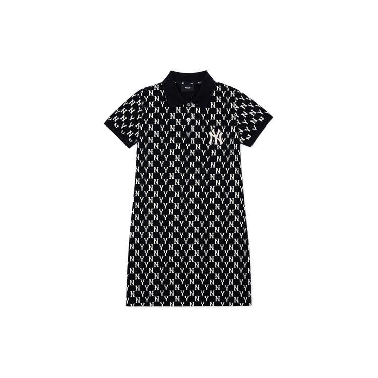 MLB Basic Logo Blumenstickerei Französischer Vollprint Locker Kariertes Polo-Kleid Kurzarm Damenkleider Schwarz 3FOPM0223-50BKS XS black