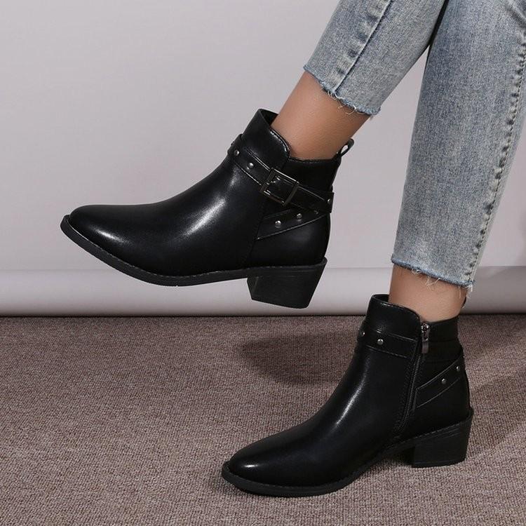 Damen Stiefeletten Dicke Hohe Absätze Spitz Zehenbereich Schnallen Dekoration Damen Kurze Stiefel Herbst und Winter Retro Damen Reißverschlussstiefel 42 schwarz