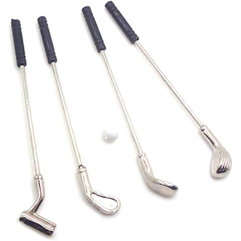Puppenhaus Miniatur Golf Set Miniatur Modell Golf Club Mini Golf Clubs für Kinder 1:12 Puppenspielzeug-Möbelzubehör 7*5*1.5cm,4*4*4cm,5Pcs schwarz/silber