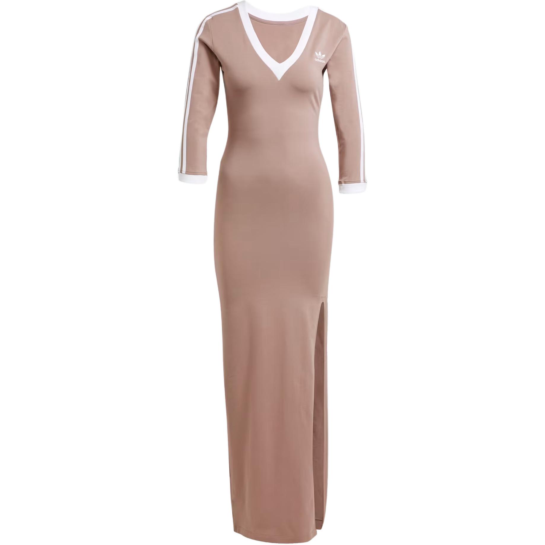Adidas Originals Adicolor Classics Lässiges Langarmkleid mit V-Ausschnitt und Seitenschlitz für Damen Kleider Schattiges Braun JX5193 XS