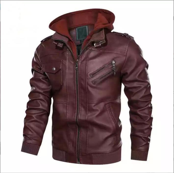Herren Herbst/Winter Double-Decker Trend Lokomotive Casual Lederjacke Kapuzenmantel Große Größe 5XL dunkelrote
