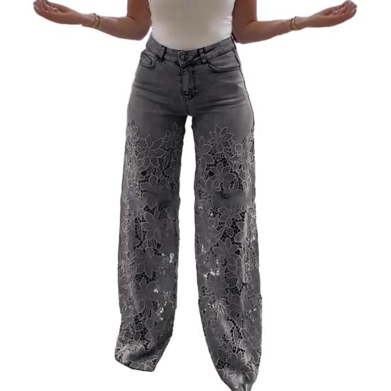 Damen Jeans mit Spitze Patchwork Casual Baggy Straight Wide Leg Denimhose Mid Waist Floral XL grau