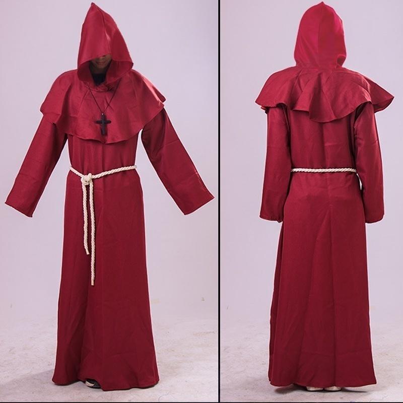 Mittelalterlicher Mönch, Halloween-Kostüme, Comic-Con-Party, Cosplay-Kostüm, Kapuzenrobe, Umhang, Mönch, Renaissance-Priester für Herren XL wein rot