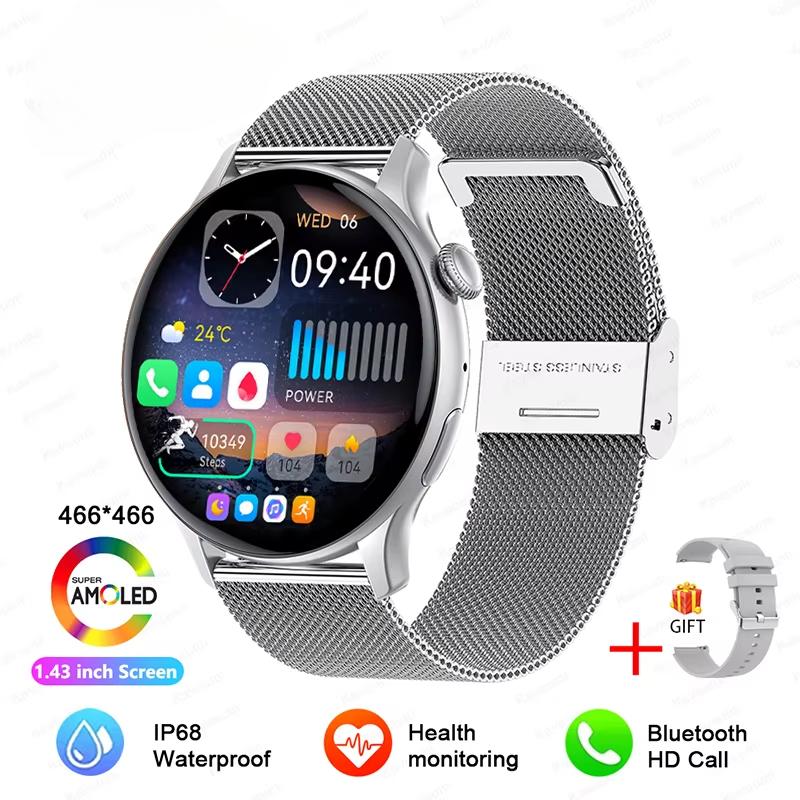 2025 Neue NFC GPS Smartwatch Damen AMOLED Always-on-Display BT Anruf Herzfrequenz Blutdruck Fitness-Tracker Smartwatch 66*466 HD Bildschirm Mesh Belt silber