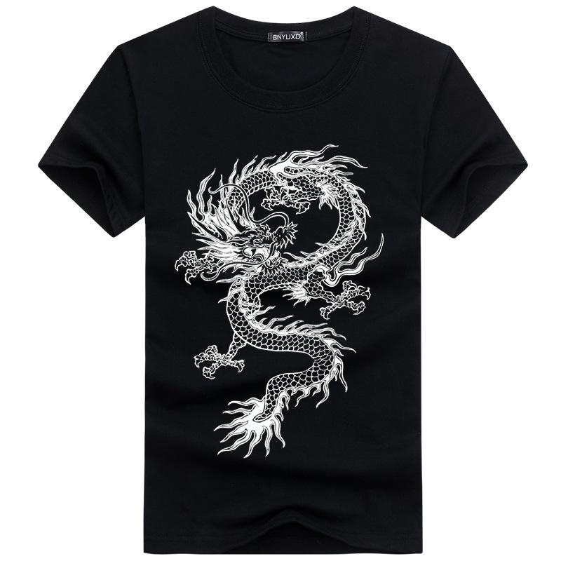 Herren-T-Shirt aus Baumwolle mit Drachen-Motiv, kurzärmelig, große Größe, Streetwear, lockeres lässiges T-Shirt M schwarz