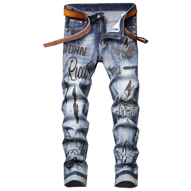 +Street Fashion Herrenjeans, bedruckte Hose, gerade Hose, Jugendmode, mittlere Taille, lässig 5683 30 indigo