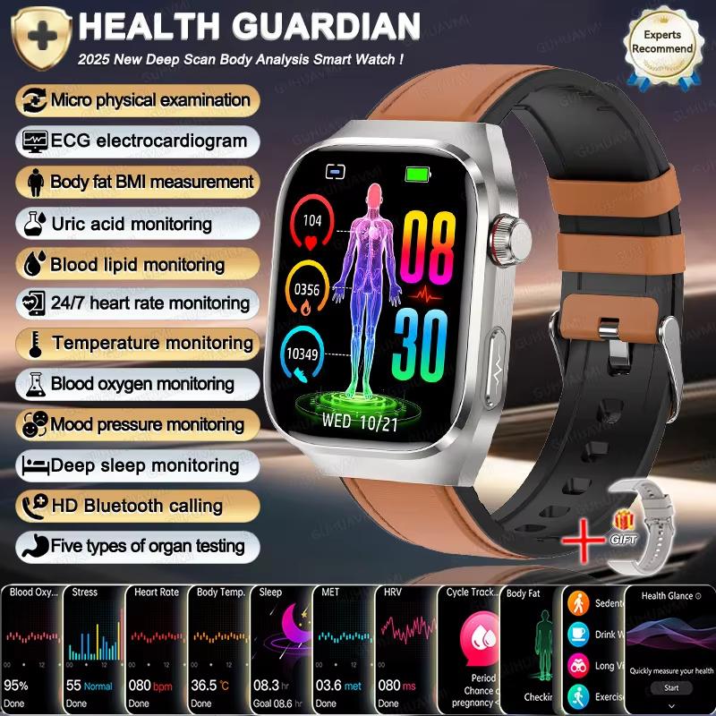 2025 Neue Smartwatch EKG+PPG Organe Eingeweide Monitor Uhr Männer Blutfette Harnsäure BP Sport Anruf Smartwatch für Samsung Galaxy Brown Leather