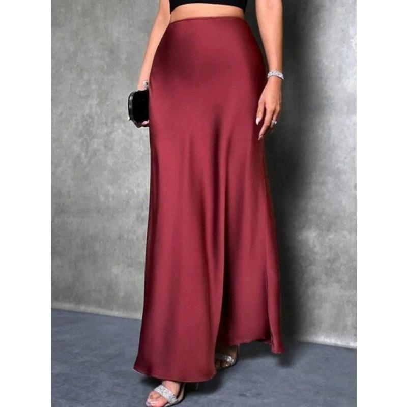 Mode Elegant Locker Damen Satinröcke Frühling und Sommer Neu Einfach Lässig Büro A-Linie Lange Röcke Büro Einfarbig Damenbekleidung S bordeaux