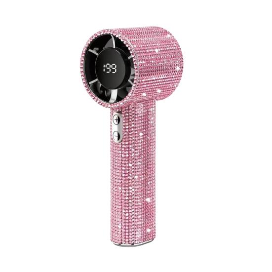 Handventilator mit Strasssteinen und Digitalanzeige, Turbo-Hochgeschwindigkeits-Mini-Ventilator, Leiser Betrieb, Kühlventilator für Reisen im Freien rosa