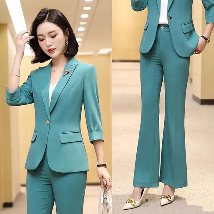 Anzug Damenmode Frühling und Herbst Berufskleidung Arbeitskleidung Anzugjacke Sommer Einfarbig Zweiteiliges Set S blau