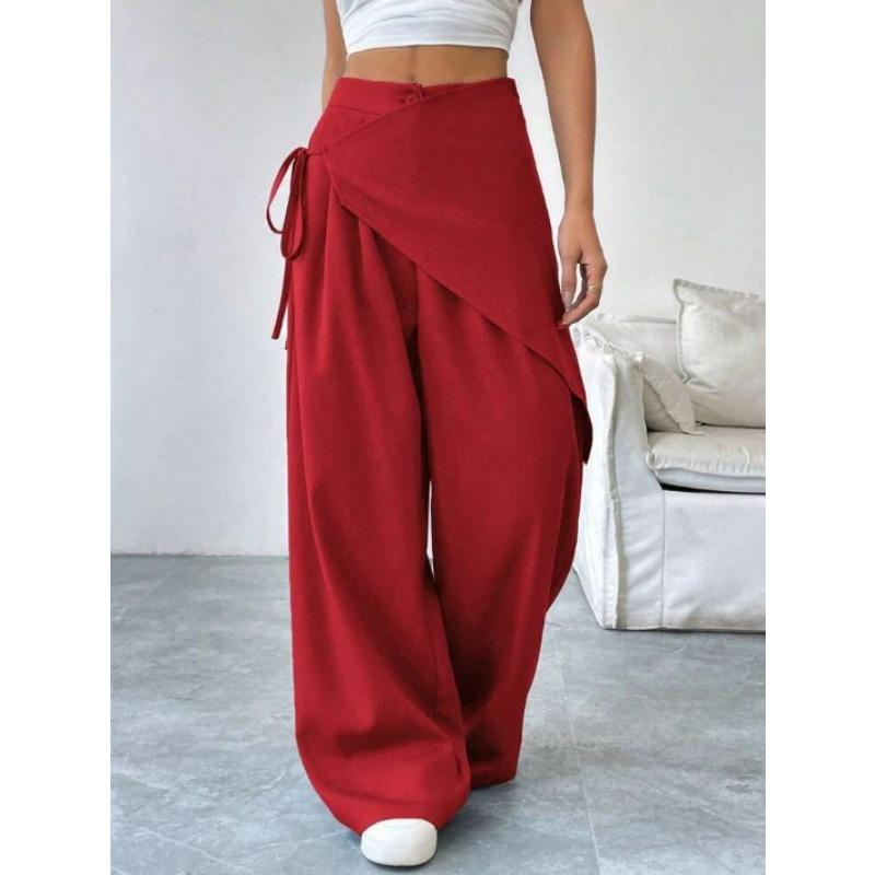 Unregelmäßige lockere Schnüranzughose für Damen Neues Design Schlanke Weitbeinige Hose für Damen Büro Unifarbene Frühling Herbst Freizeit Büro Modehose XXL rot